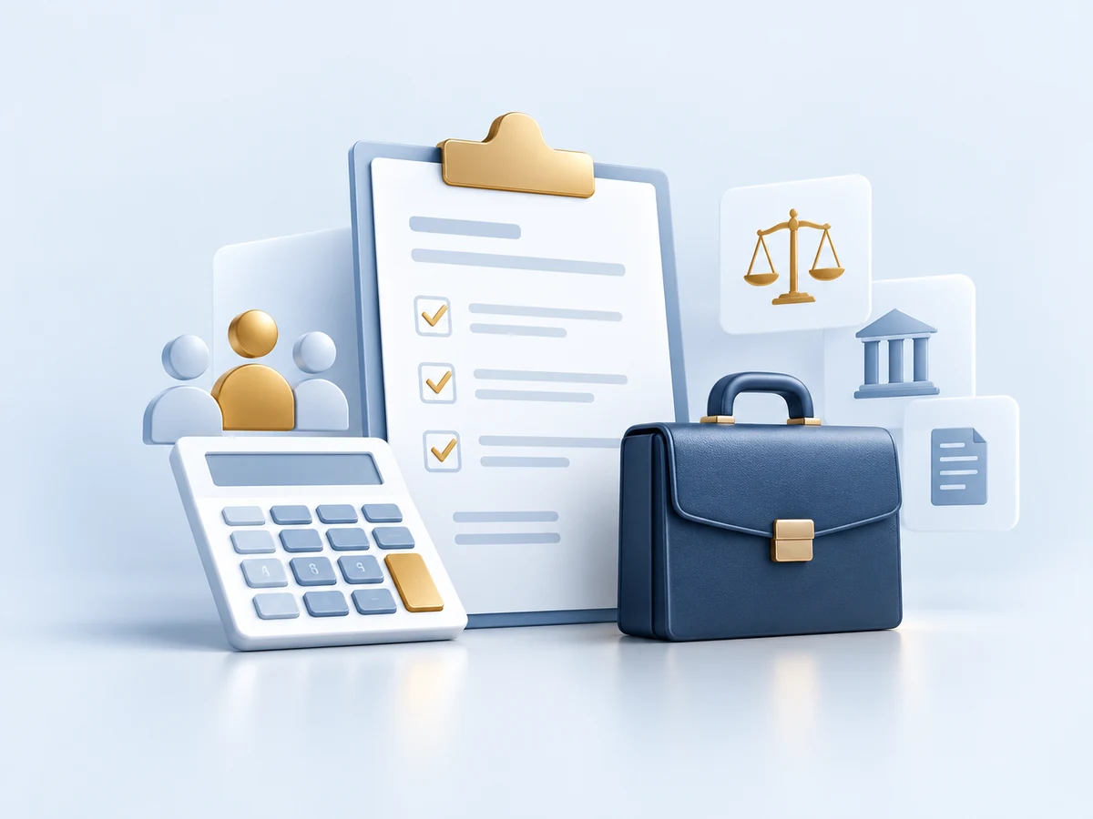 Clipboard, calculator, team, scales of justice and briefcase representing accountancy, outsourced finance, HR and legal support
