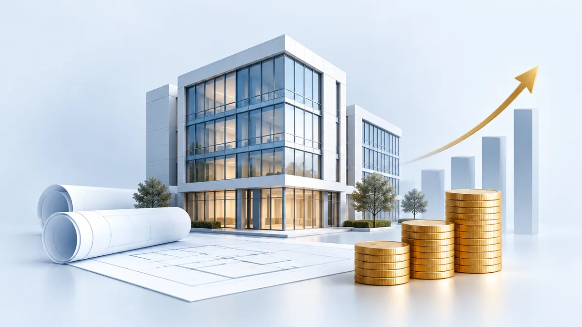Commercial building, development plans and coins representing property and development finance