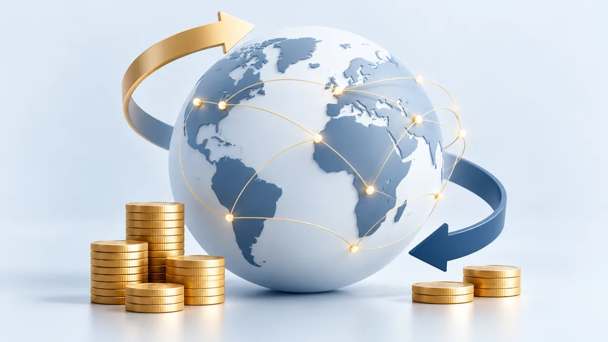 Global finance network, directional arrows and coins representing foreign exchange solutions