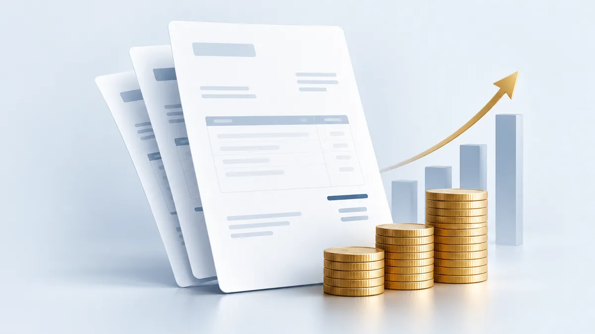 Invoice documents, finance growth chart and coins representing invoice finance