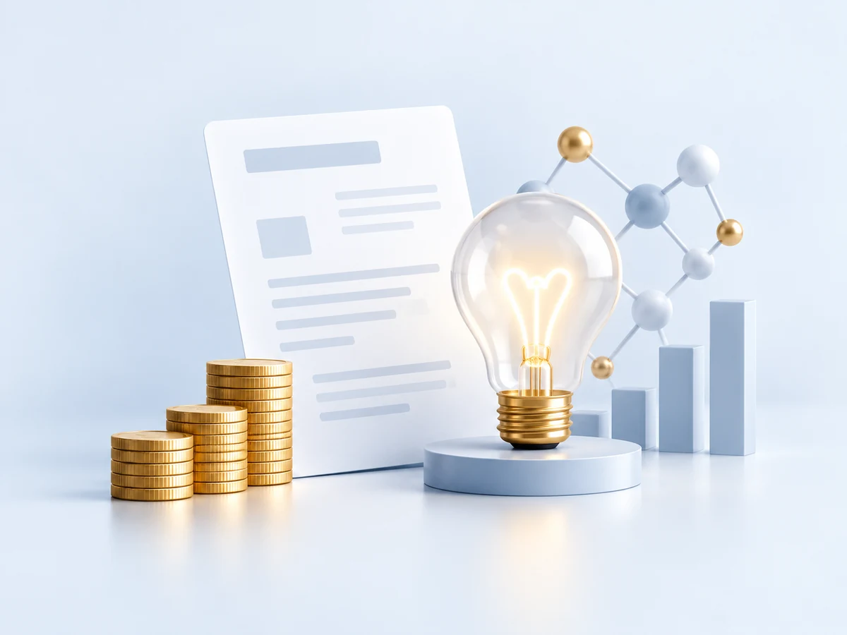 Innovation lightbulb, document, coins and molecular network representing research and development tax and grant funding