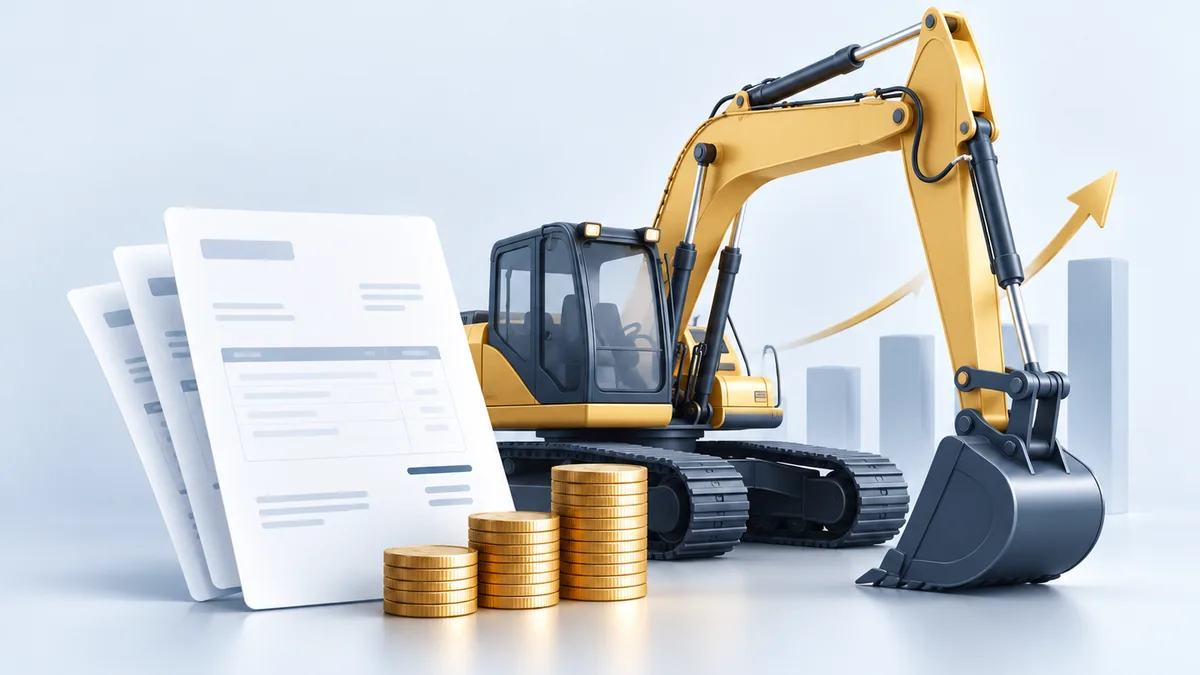 Construction excavator, finance documents and coins representing asset finance