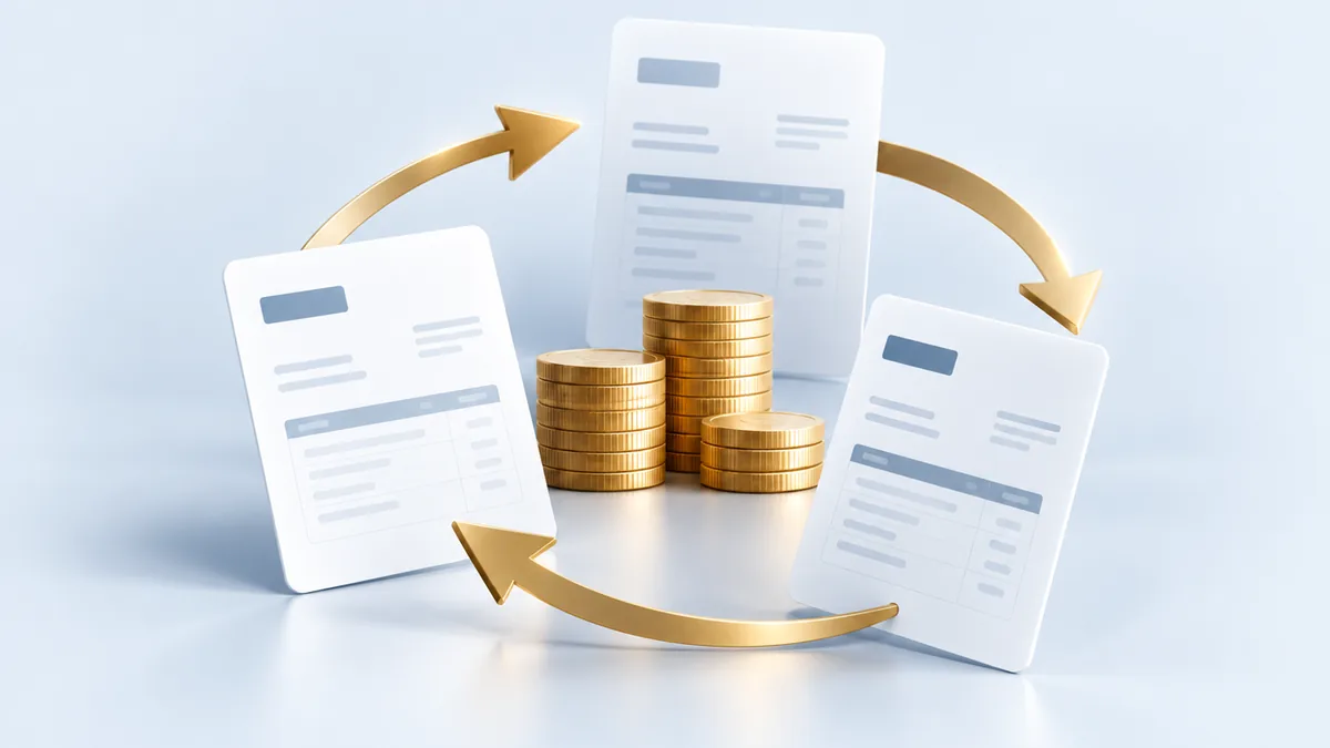 Circular cash-flow arrows, finance documents and coins representing revolving credit finance